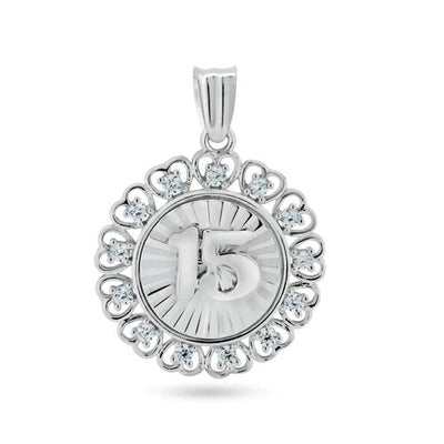 Sterling Silver Rhodium Plated CZ Disc Quinceanera Pendant