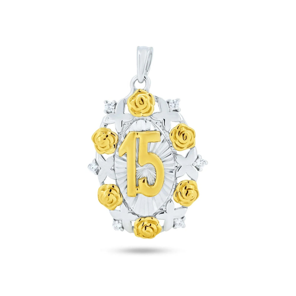 Sterling Silver Two Toned Plated CZ Oval Disc Quinceanera Pendant