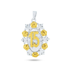 Sterling Silver Two Toned Plated CZ Oval Disc Quinceanera Pendant