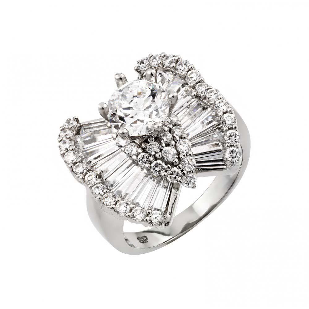 Sterling Silver Elegant Micro Paved Bageutte Czs Butterfly Design with Centered Solitaire Round Cut Clear CzAnd Ring Dimensions of 13.5MMx13.9MM