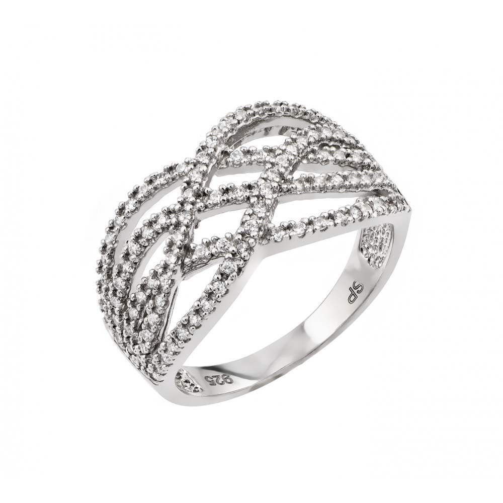 Sterling Silver Rhodium Plated Micro Pave Set Clear CZ Interlacing Knot Ring