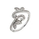 Sterling Silver Rhodium Plated Pave Set Clear CZ Leaf Vine Ring