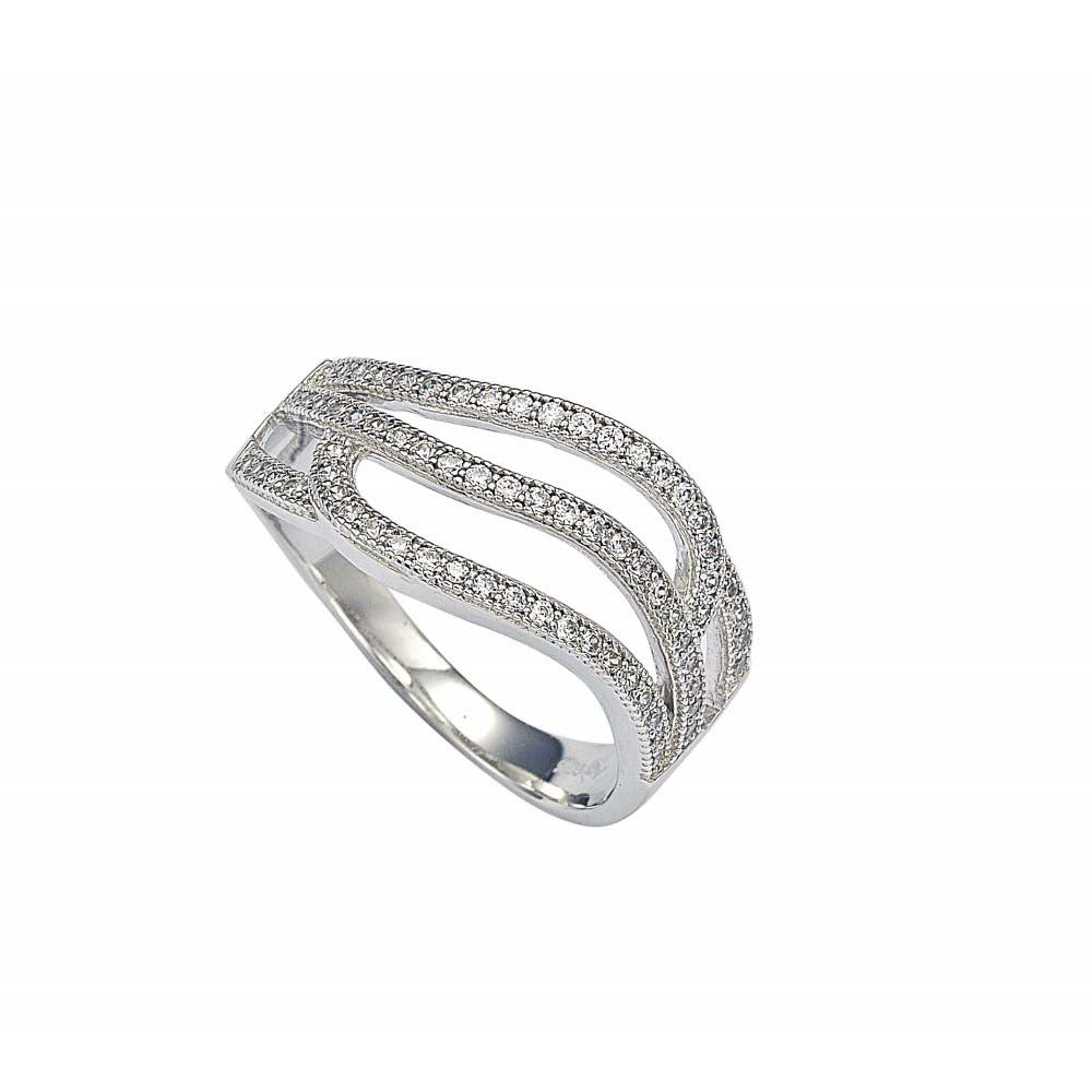 Sterling Silver Rhodium Plated Micro Pave Set Clear CZ Wave Ring