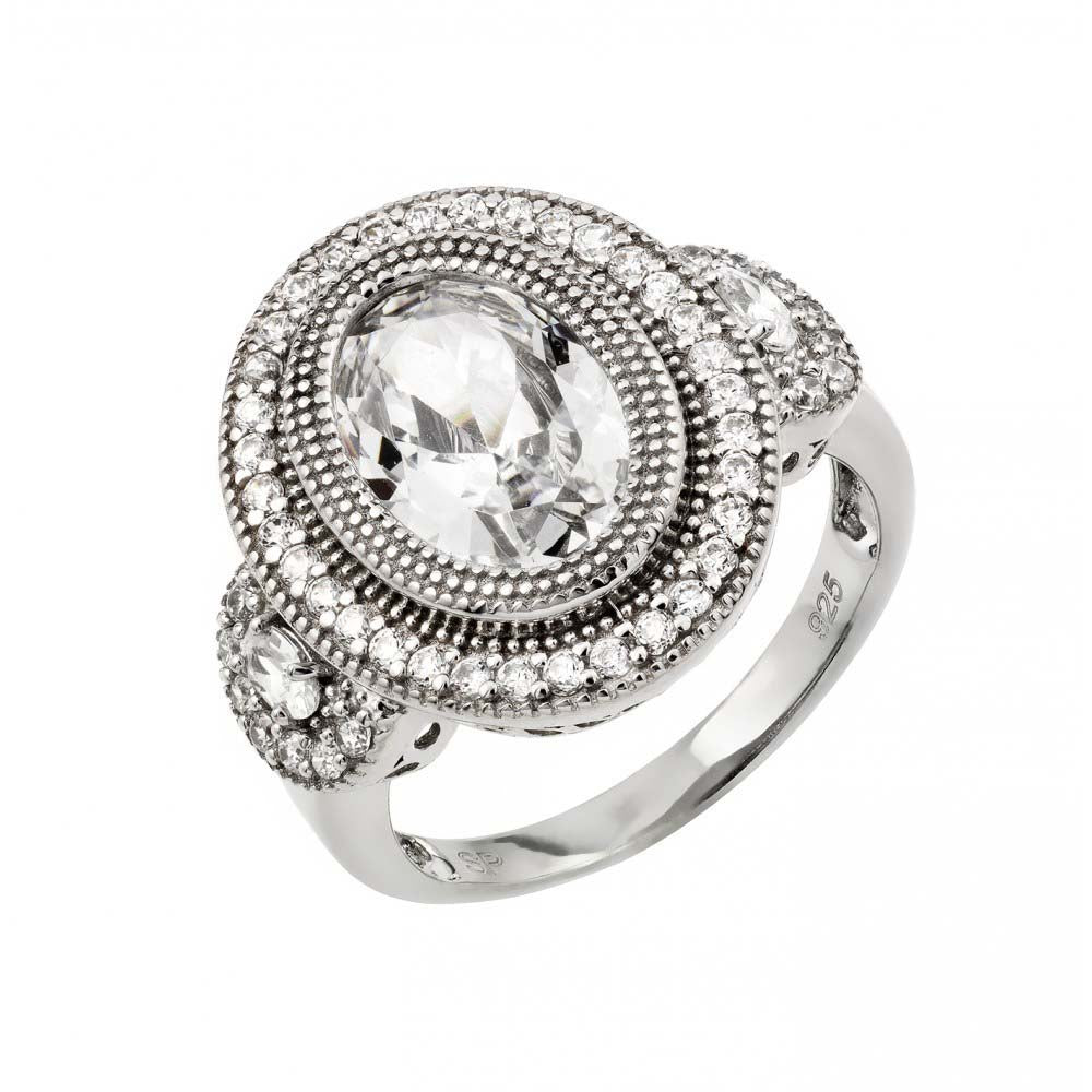 Sterling Silver Rhodium Plated Micro Pave Set CZ Antique Oval Ring