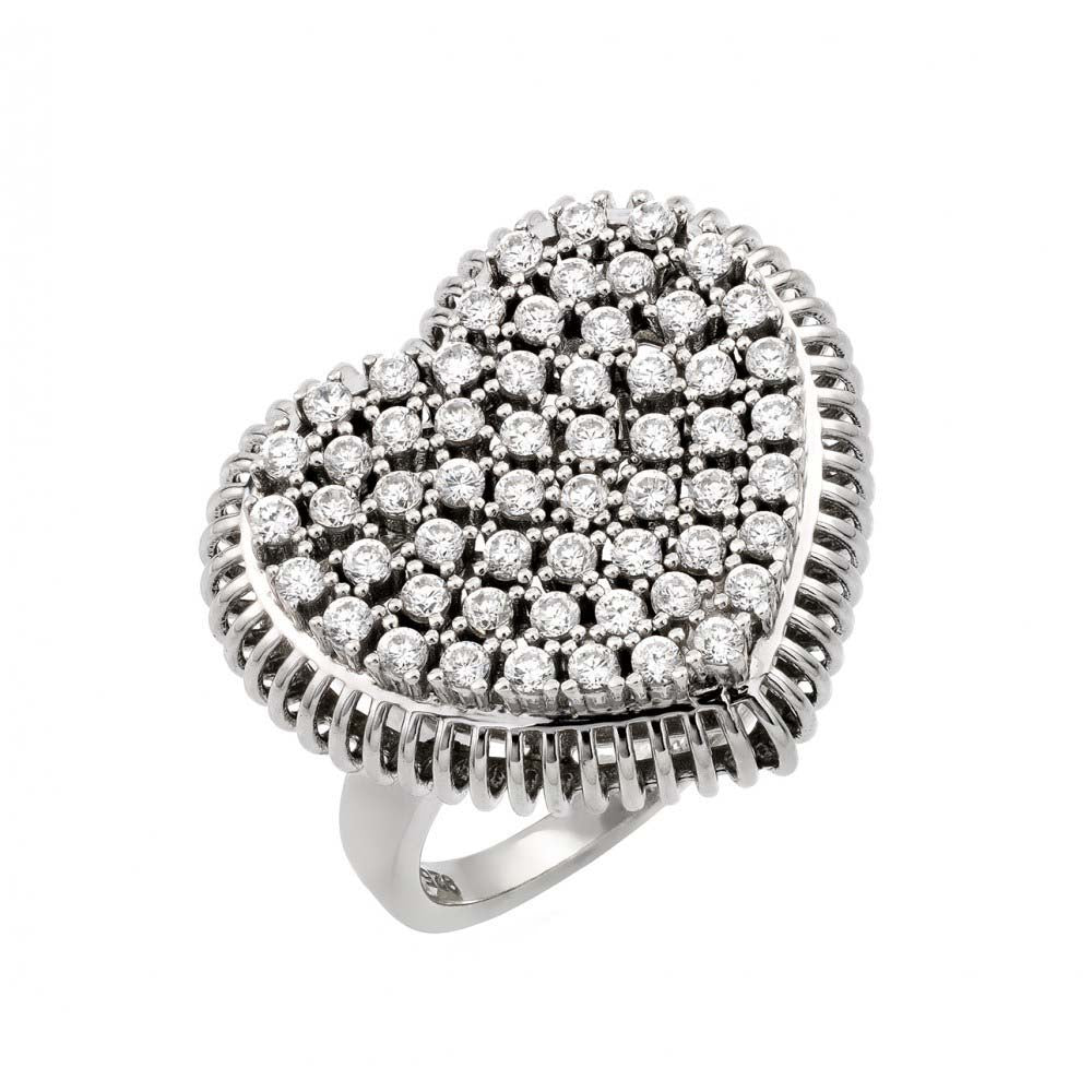 Sterling Silver Rhodium Plated Pave Set Clear CZ Heart Ring