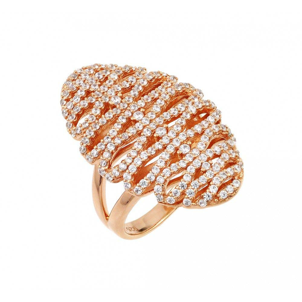 Sterling Silver Rose Gold Plated Zig Zag Shaped Ring With CZ Stones