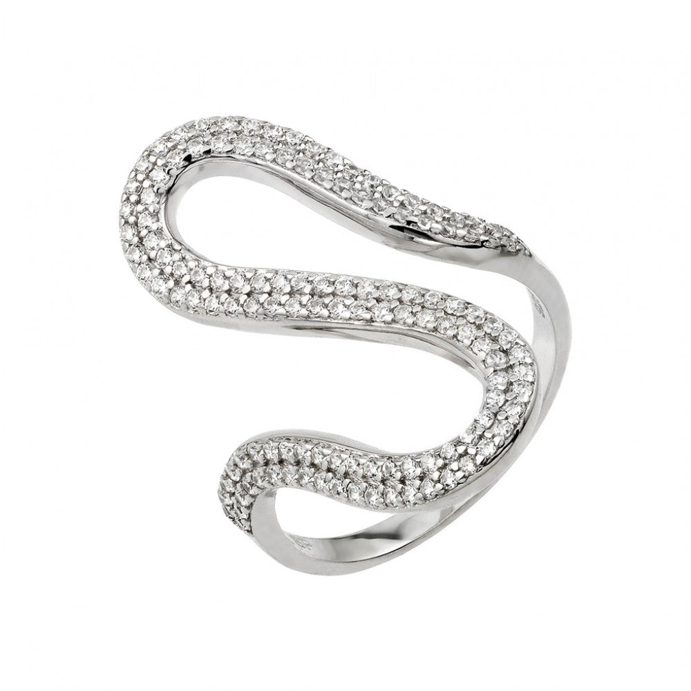 Sterling Silver Rhodium Plated Wavy CZ Ring