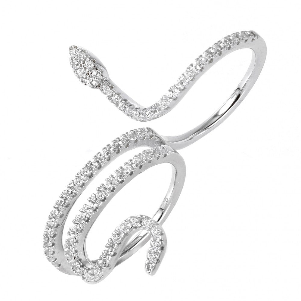 Sterling Silver Rhodium Plated Snake CZ Ring