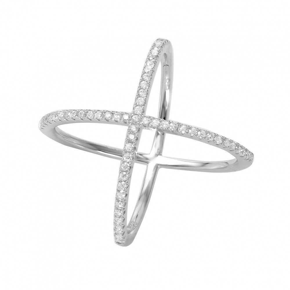 Sterling Silver Rhodium Plated 4 Way CZ Cross Ring