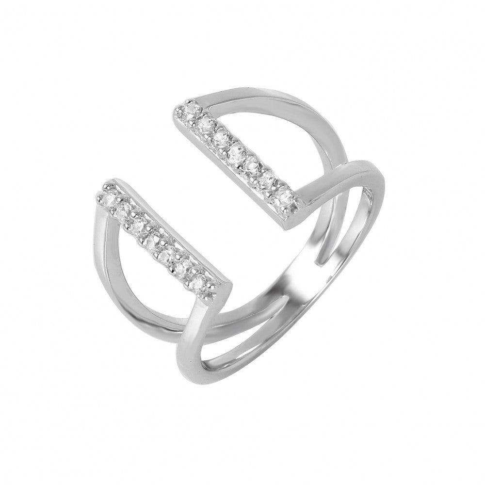 Sterling Silver Rhodium Plated Huggie Cuffed V-Shaped CZ Ring