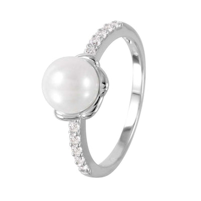 Sterling Silver Rhodium Plated White Faux Pearl Cz Accent Ring