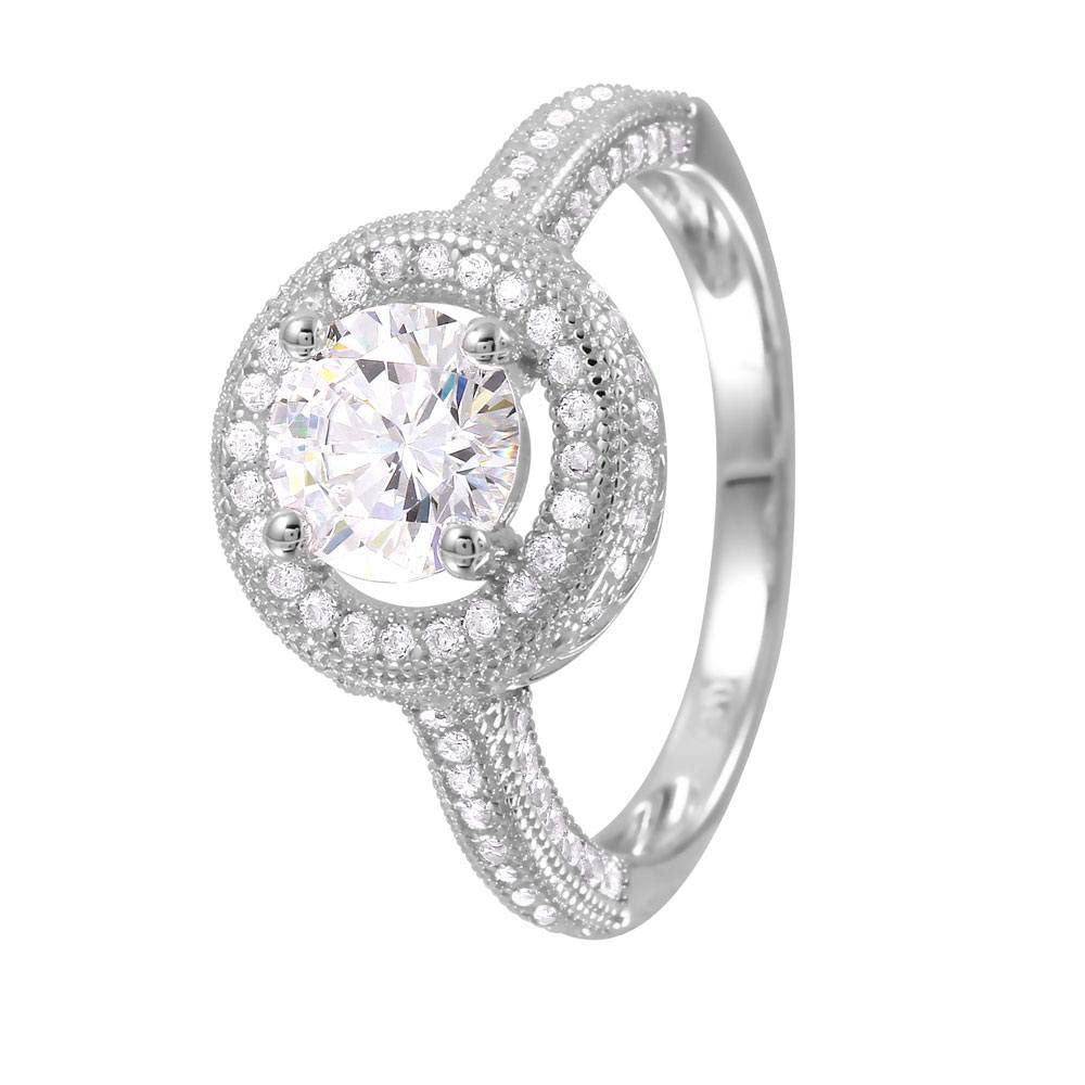 Sterling Silver Rhodium Plated Round Cut Clear Cz with Pave Halo Setting Bridal Ring