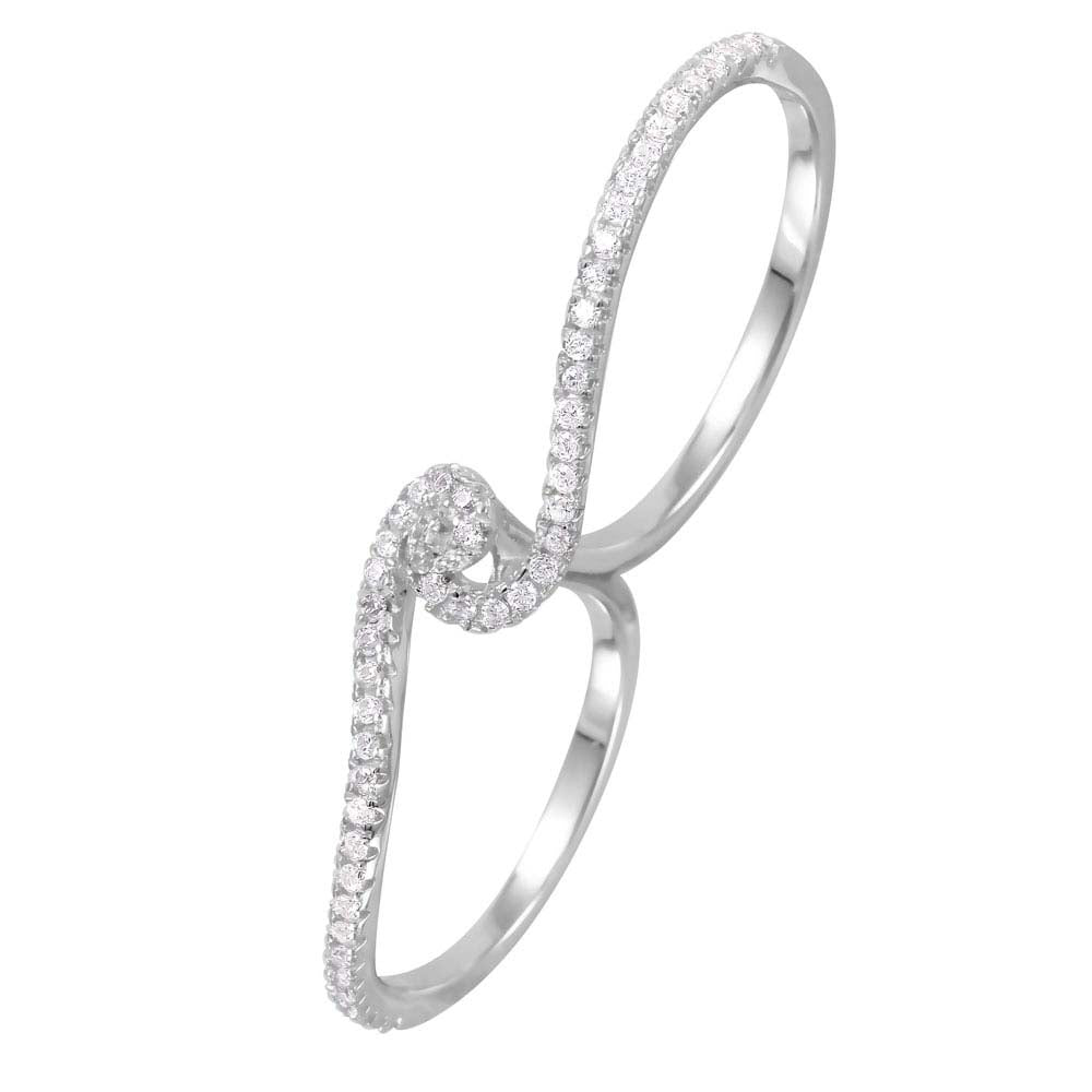 Sterling Silver Rhodium Plated Two Finger Shaped Ladies Ring With CZ Stones