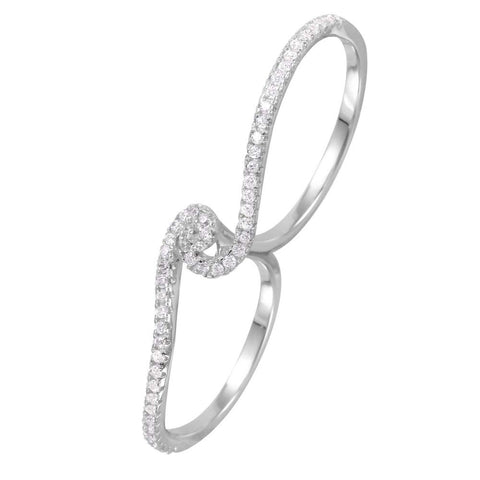 Sterling Silver Rhodium Plated Two Finger Shaped Ladies Ring With CZ Stones