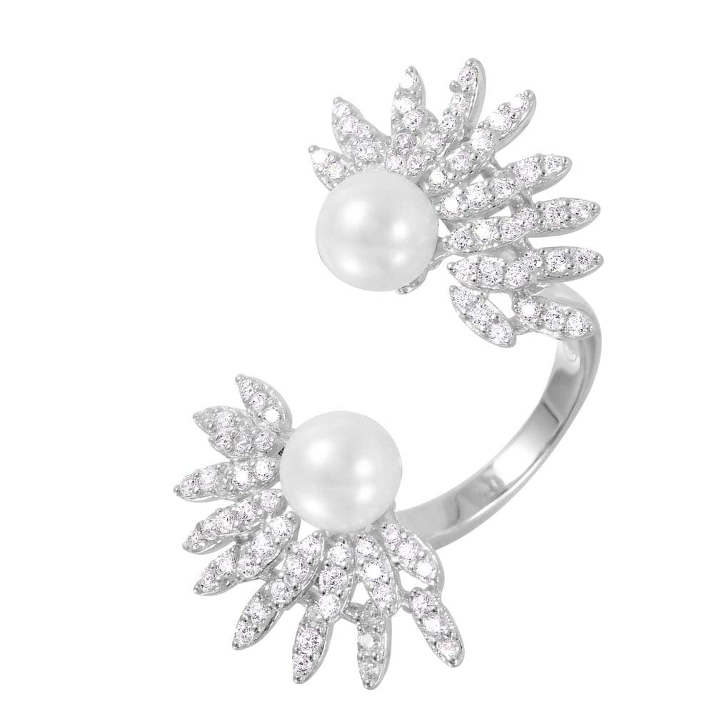 Sterling Silver Rhodium Plated Synthetic Pearl Burst Open CZ Ring