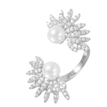 Load image into Gallery viewer, Sterling Silver Rhodium Plated Synthetic Pearl Burst Open CZ Ring