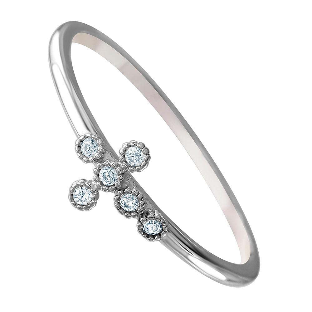 Sterling Silver Rhodium Plated Clear Cz Sideways Cross Ring