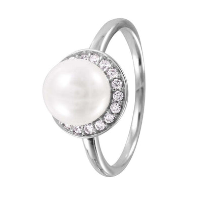 Sterling Silver Rhodium Plated Fancy Synthetic White Pearl with Pave Halo Setting Ring