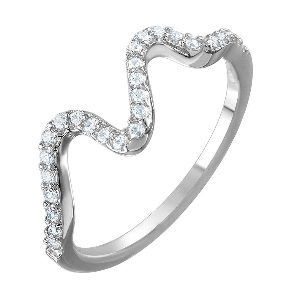 Sterling Silver Rhodium Plated Fancy Pave Wavy Band Ring