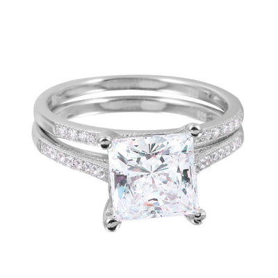 Sterling Silver Rhodium Plated Classy Large Princess Cut Clear Cz Pave Band Bridal Ring