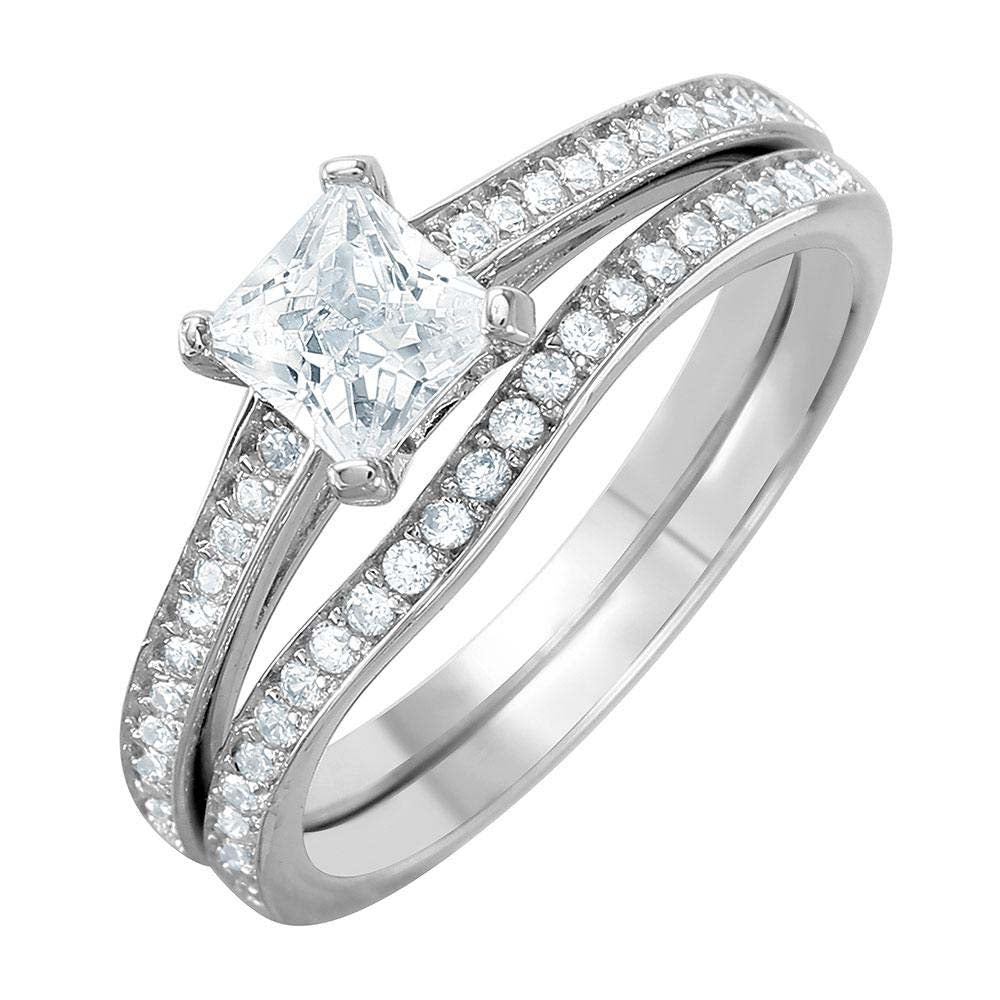 Sterling Silver Rhodium Plated Small Princess Cut Clear Cz Pave Band Bridal Ring