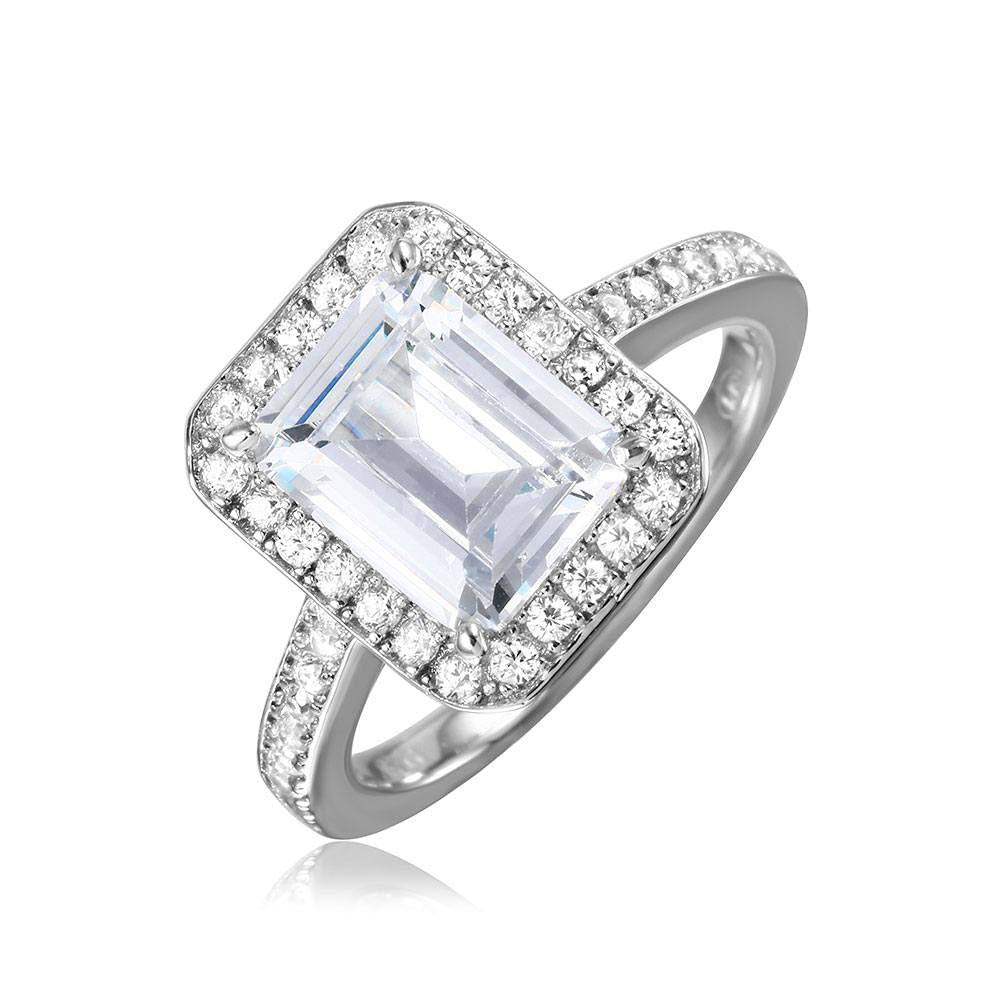 Sterling Silver Rhodium Plated Emerald Cut Halo Shaped Ring With CZ Stones