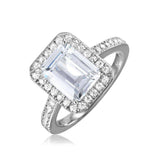 Sterling Silver Rhodium Plated Emerald Cut Halo Shaped Ring With CZ Stones