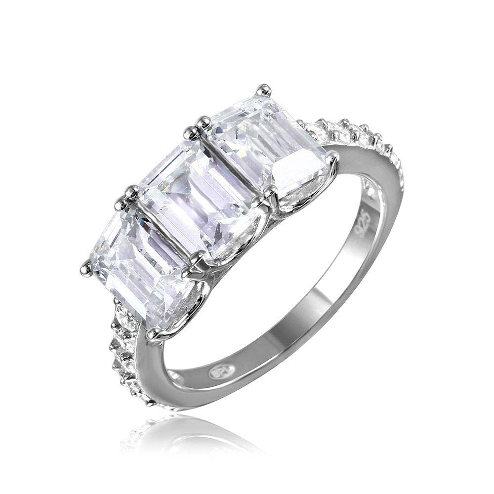 Sterling Silver Rhodium Plated Three Rectangle Shaped Ring With CZ StonesAnd Dimensions 7.5mm