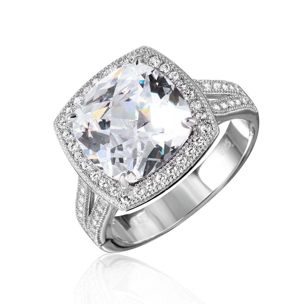 Sterling Silver Rhodium Plated Square Halo CZ Ring with Micro Pave Stones