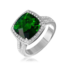 Load image into Gallery viewer, Sterling Silver Rhodium Plated Square Halo Green CZ Ring with Micro Pave Stones
