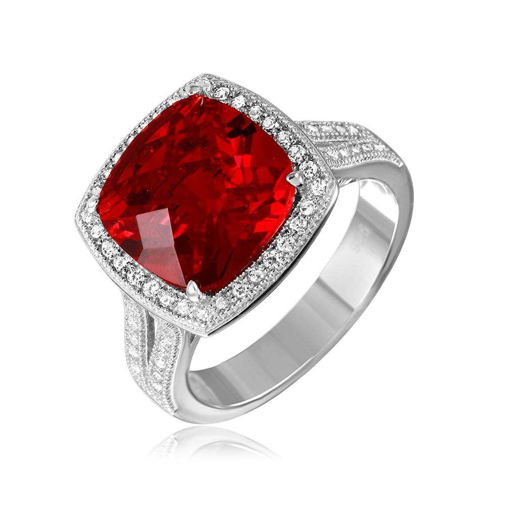 Sterling Silver Rhodium Plated Square Halo Red CZ Ring with Micro Pave Stones
