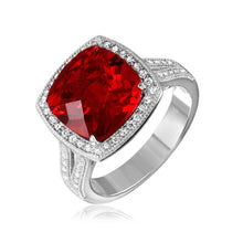 Load image into Gallery viewer, Sterling Silver Rhodium Plated Square Halo Red CZ Ring with Micro Pave Stones