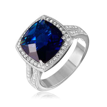 Load image into Gallery viewer, Sterling Silver Rhodium Plated Square Halo Blue CZ Ring with Micro Pave Stones