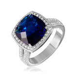 Sterling Silver Rhodium Plated Square Halo Blue CZ Ring with Micro Pave Stones
