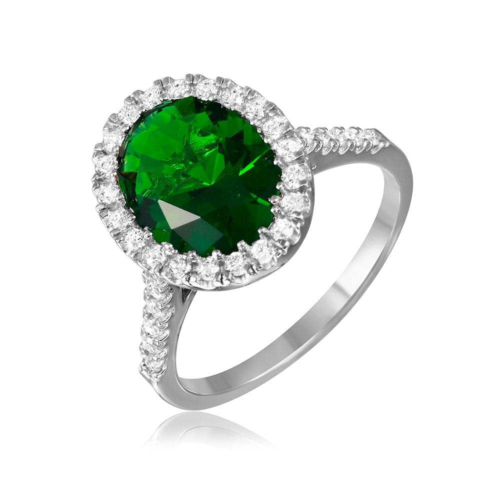 Sterling Silver Rhodium Plated Green Oval Halo Ring With CZ Stones