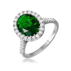 Sterling Silver Rhodium Plated Green Oval Halo Ring With CZ Stones