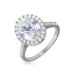 Sterling Silver Rhodium plated Clear Oval Halo Ring With CZ Stones