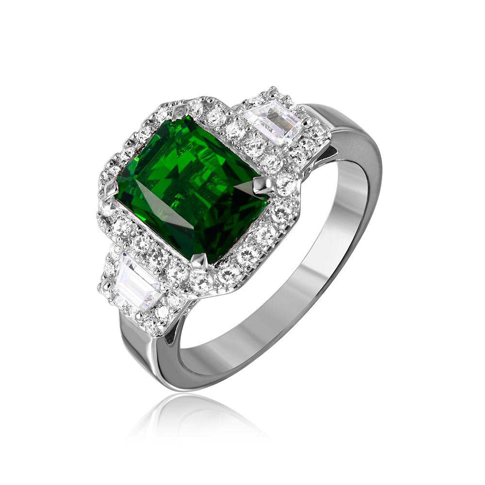 Sterling Silver Rhodium Plated Green Emerald Cut Center CZ Stone Ring