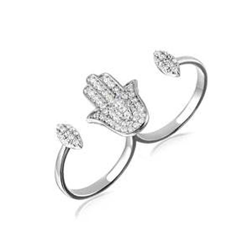Sterling Silver Rhodium Plated Hamsa Hand Double Shaped Ladies Ring With CZ Stones