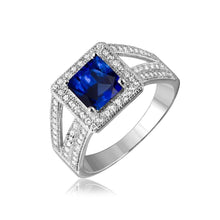 Load image into Gallery viewer, Sterling Silver Rhodium Plated Sapphire Square Halo with Micro Pave CZ Ring