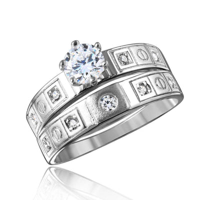 Sterling Silver Rhodium Plated  Square Design CZ Finish Wedding RingAnd Center Stone 5mmAnd Band Width 3.7mm
