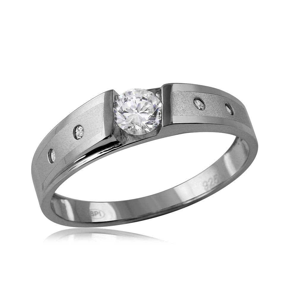 Sterling Silver Matte Finish Shank CZ Men Matching Wedding Ring