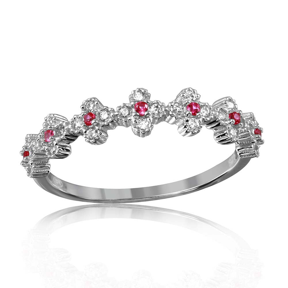 Sterling Silver Rhodium Plated Clover Band with Red and Clear CZ Stones