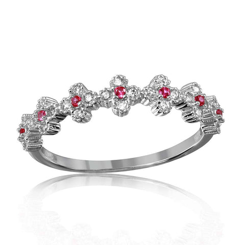 Sterling Silver Rhodium Plated Clover Band With Pink And Clear CZ Stones