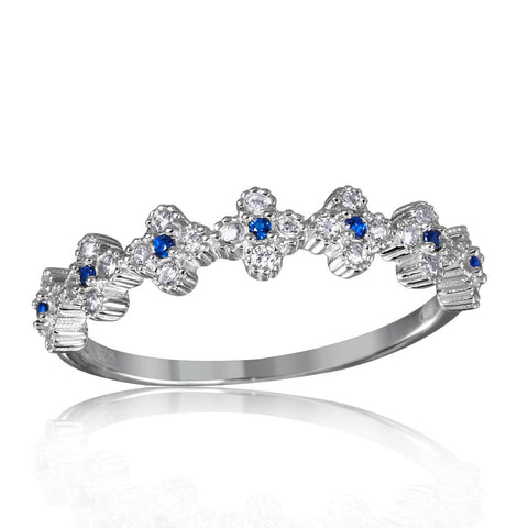 Sterling Silver Rhodium Plated Clover Band With Blue And Clear CZ Stones