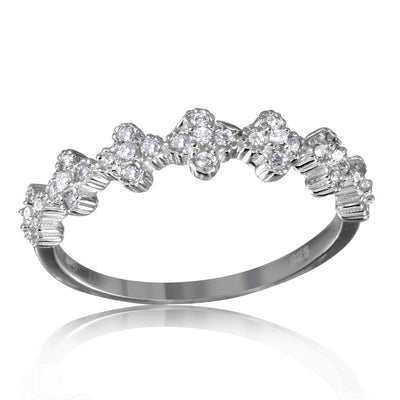Sterling Silver Rhodium Plated Clover Band With Clear CZ Stones