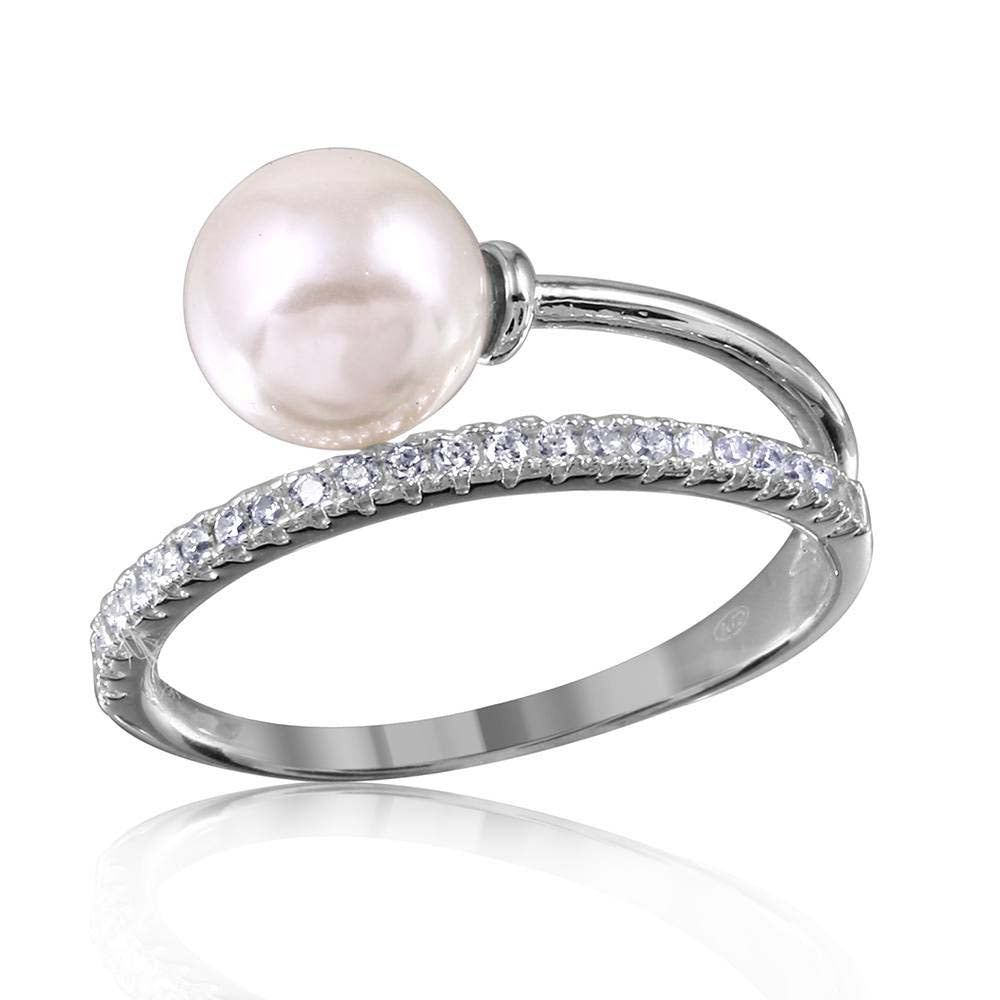 Sterling Silver Rhodium Plated Overlap CZ and Synthetic Pearl Ring - GMR00130RH