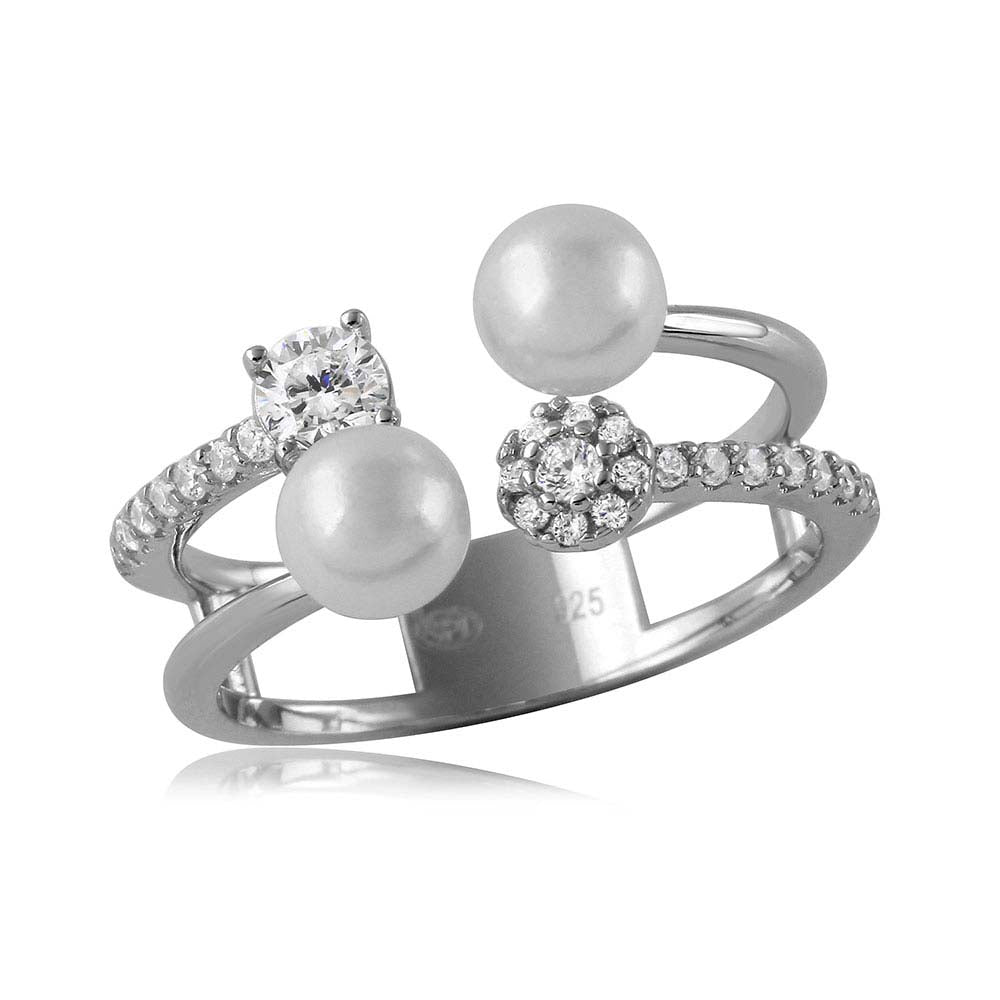 Sterling Silver Rhodium Plated  2 Row CZ And Synthetic Pearl Ring