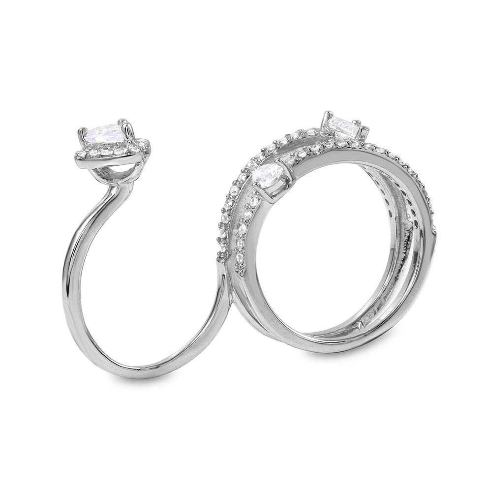 Sterling Silver Rhodium Plated Two Finger Teardrop Shaped Ring With CZ StonesAnd Width 5.7mm