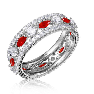 Sterling Silver Rhodium Plated Encrusted With Clear And Red CZ Stones Eternity RingsAnd Thickness 6.4mm